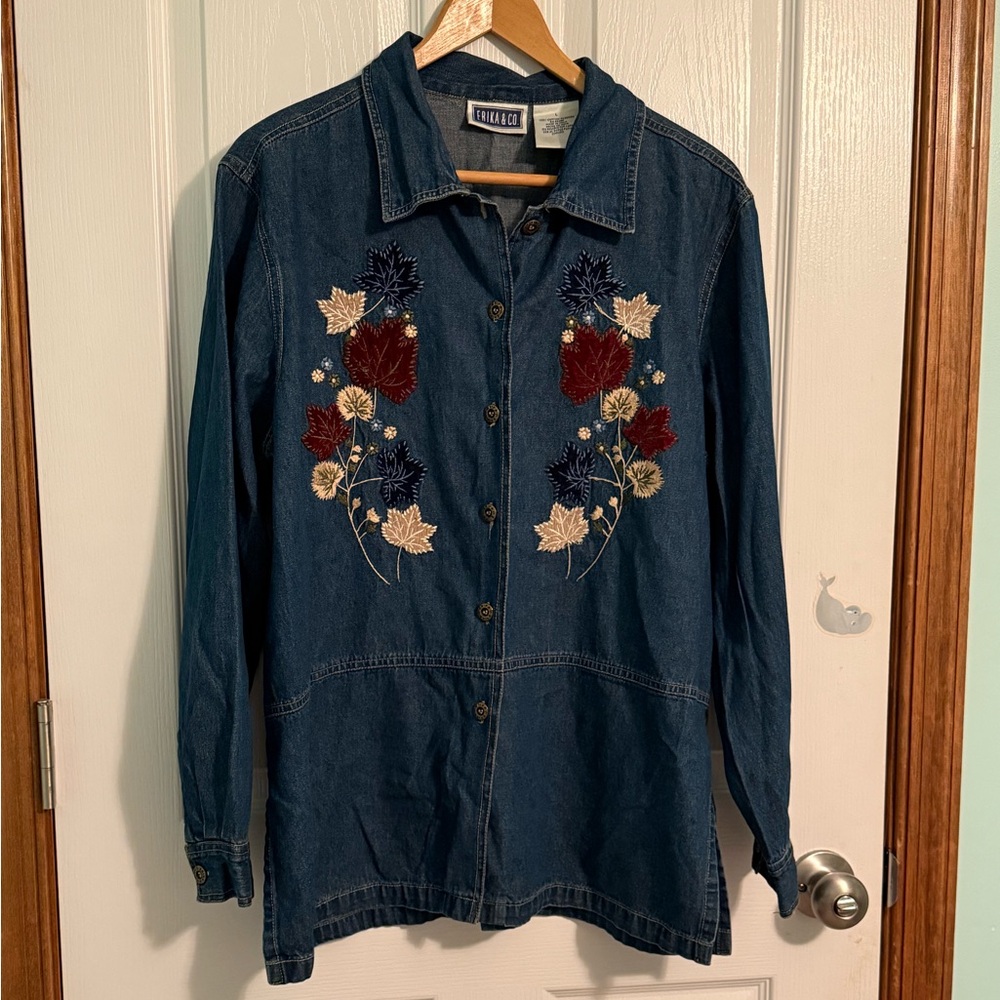 Erika & Co. 100% Cotton Long Denim Button Up With Embroidered Leaves Large
